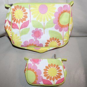 2 Piece Green Zip Flower Cosmetic Make Up Bag